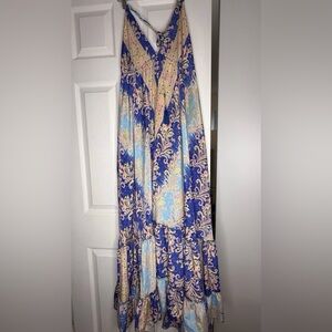 100% silk boho Blue and Cream Maxi Dress